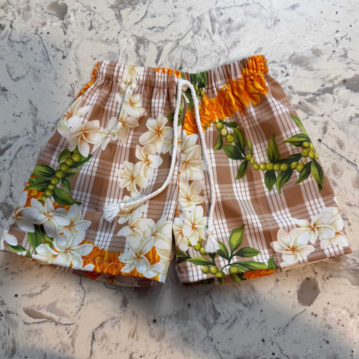 Everyday Keiki Shorts - Beige Palaka Lei