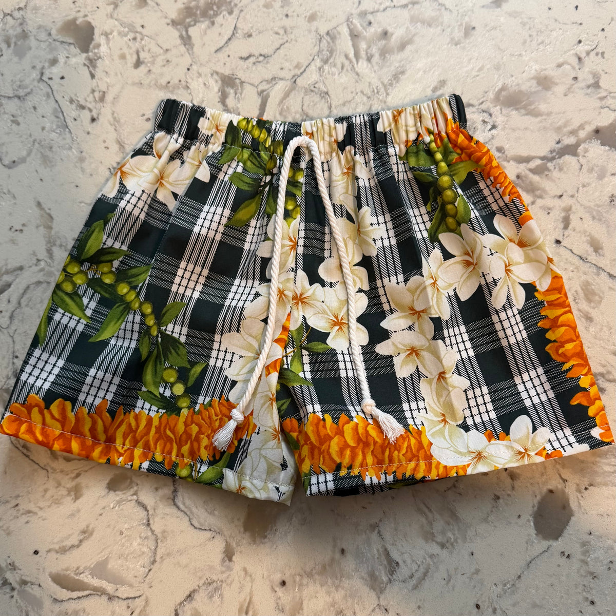 Everyday Keiki Shorts - Green Palaka Lei